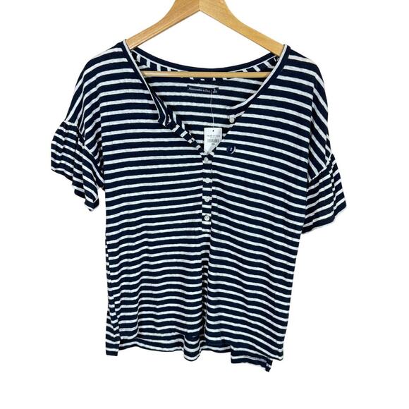 NWT Abercrombie & Fitch Womens Top Short Sleeve 100% Cotton Blue White Striped - Picture 1 of 6